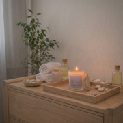 Vela para massagem premium em frasco de vidro com tampa de pinus