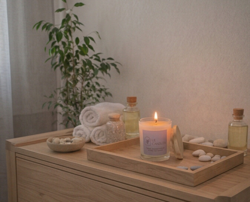 Vela para massagem premium em frasco de vidro com tampa de pinus