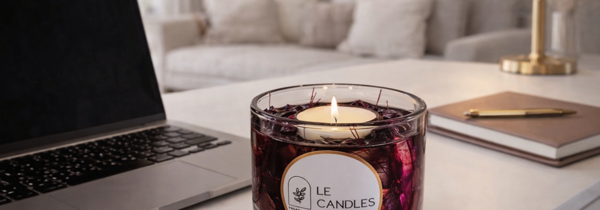 Vela luminária premium com flores secas e acabamento decorativo em gel