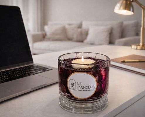 Vela luminária premium com flores secas e acabamento decorativo em gel