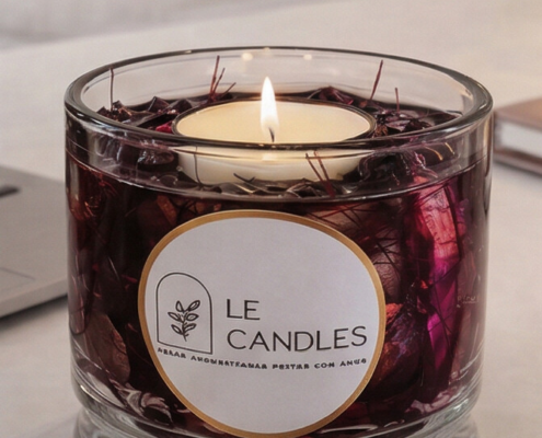 Vela luminária premium com flores secas e acabamento decorativo em gel